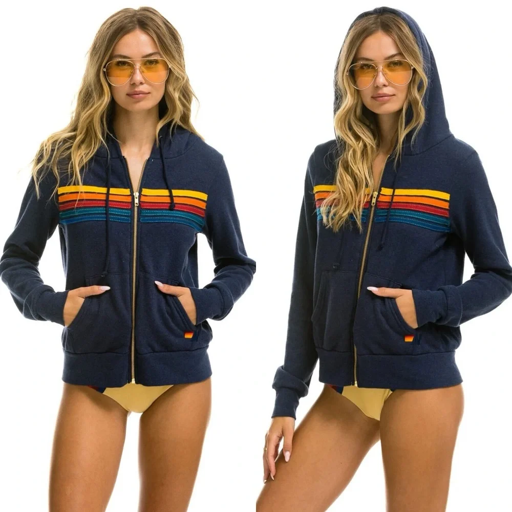 Avaiator Nation Navy Blue 5 Stripe Hoodie Sz M *Flawed* Surfer Indie Skater Cozy - Picture 1 of 10